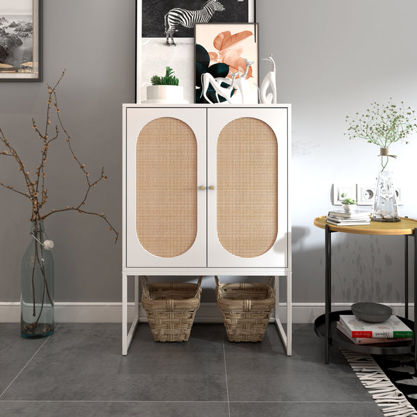 Natural Rattan 2 Door high cabinet，Built-in adjustable shelf，Easy Assembly，Free Standing Cabinet for Living Room Bedroom
