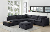 Dark Gray Fabric 7Pc Modular Sectional Sofa with Ottoman and USB Storage Console Table