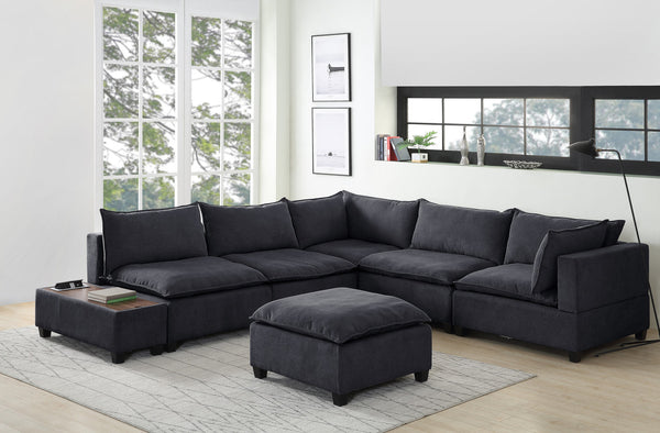 Dark Gray Fabric 7Pc Modular Sectional Sofa with Ottoman and USB Storage Console Table