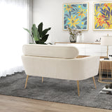Beige Loveseat Small Sofa, With 2 Throw Pillows, Gold Metal Legs