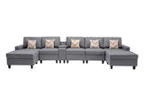 Gray Linen Fabric 6Pc Double Chaise Sectional Sofa with Interchangeable Legs, a USB, Charging Ports, Cupholders, Storage Console Table and Pillows