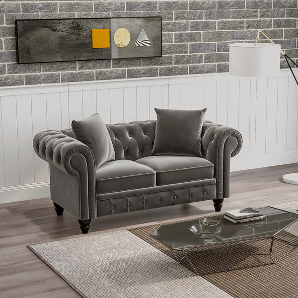 [New] 63" Deep Button Tufted Velvet Loveseat Sofa Roll Arm Classic Chesterfield Settee,2 Pillows included