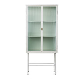 WHITE Tall Freestanding Display Cupboard Stylish Fluted Glass Storage Cabinet with Glass Doors Three Detachable Shelves Bottom Space for Office Dining Room Living Room Bedside Entryway