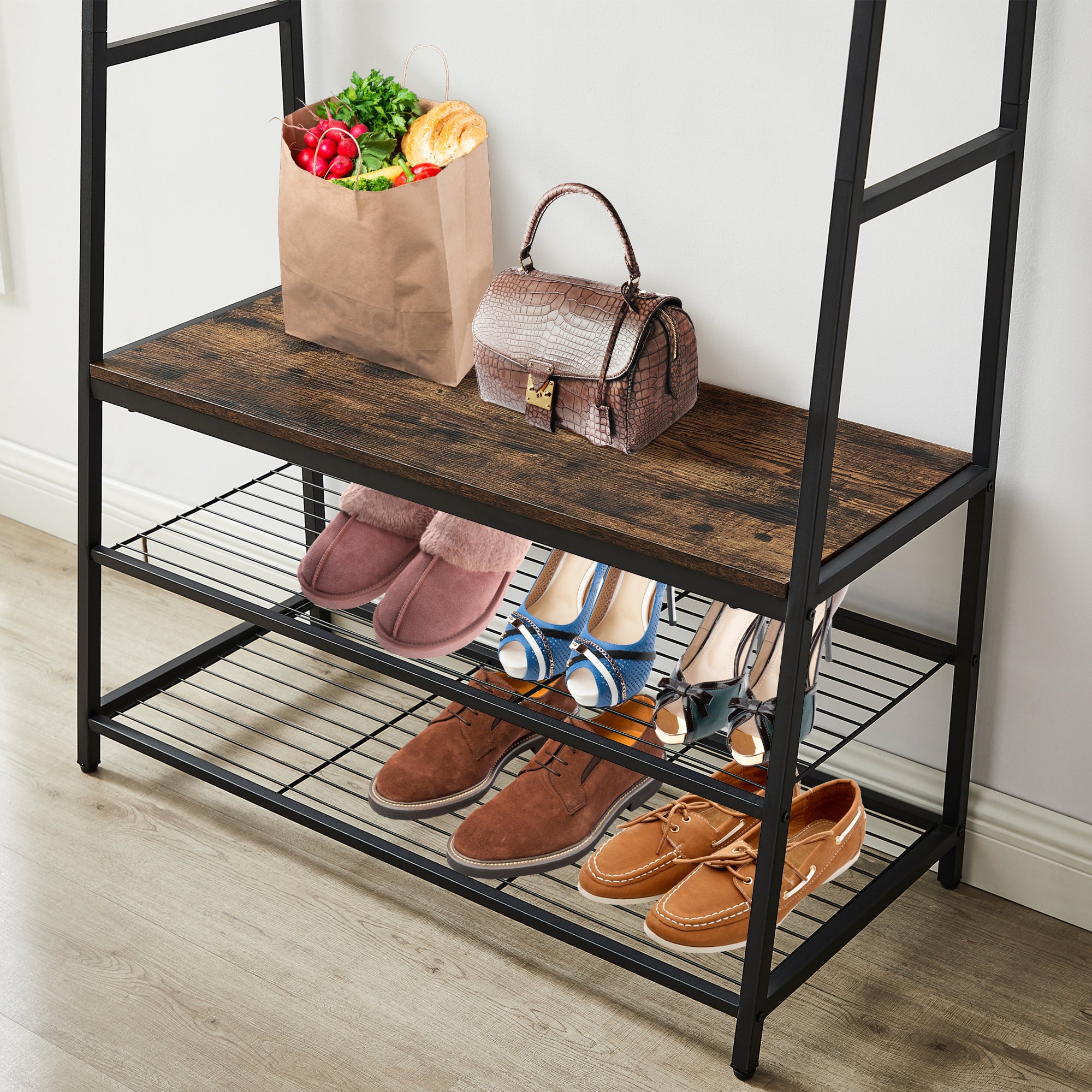 Coat Rack Entryway Organizer/ Hall Tree with Bench, Shoe Storage and Multiple Coat Hooks