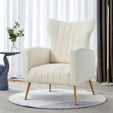 Modern Velvet Accent Chair with Arms, Wingback Reading Chair with Gold Metal Legs, Comfy Upholstered Single Leisure Sofa for Living Room Bedroom Club(Velvet+White)