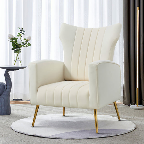 Modern Velvet Accent Chair with Arms, Wingback Reading Chair with Gold Metal Legs, Comfy Upholstered Single Leisure Sofa for Living Room Bedroom Club(Velvet+White)