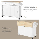 White Kitchen Island Cart with Rubber wood Drop-Leaf Countertop, adjustable height