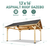 Large wood pergola, 13x16 FT Solid Wood Gazebo with Waterproof Asphalt Roof, Outdoor Permanent Hardtop Gazebo Canopy for Patio, Garden, Backyard