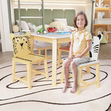 5 Piece Kiddy Table and Chair Set , Kids Wood Table with 4 Chairs Set Cartoon Animals (bigger table)（3-8 years old）