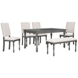 6-Piece Wood Dining Table Set Rectangular Table with Turned Legs, 4 Upholstered Chairs and Bench for Dining Room