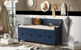 TREXM Movable Cushion Storage Bench with Drawers and Backrest for Entryway and Living Room（Antique Navy）