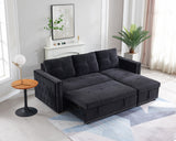 Sectional sofa with pulled out bed,  2 seats sofa and reversible chaise with storage, both hands with copper nail, BLACK, (91" x 64" x 37")