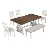 6-Piece Wooden Dining Table Set, Farmhouse Rectangular Dining Table, Four Chairs with Exquisitely Designed Hollow Chair Back and Bench for Home Dining Room