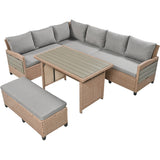 5-Piece Outdoor Patio Rattan Sofa Set, Sectional PE Wicker L-Shaped Garden Furniture Set with 2 Extendable Side Tables, Dining Table and Washable Covers for Backyard, Poolside, Indoor