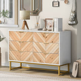 6 Drawer Dresser with Metal Leg and Handle for Bedroom, Storage Cabinet with Natural Wood Finish Drawer,White+Natural