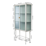 WHITE Tall Freestanding Display Cupboard Stylish Fluted Glass Storage Cabinet with Glass Doors Three Detachable Shelves Bottom Space for Office Dining Room Living Room Bedside Entryway
