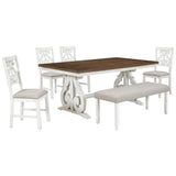 6-Piece Wooden Dining Table Set, Farmhouse Rectangular Dining Table, Four Chairs with Exquisitely Designed Hollow Chair Back and Bench for Home Dining Room
