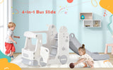 Kids Slide with Bus Play Structure Climber, Freestanding Bus Climber with Slide for Toddlers, Bus Climber Slide Set with Basketball Hoop