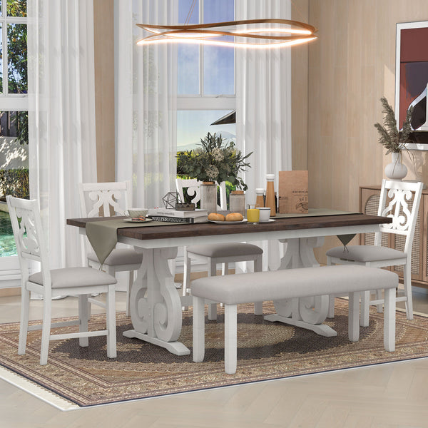 6-Piece Wooden Dining Table Set, Farmhouse Rectangular Dining Table, Four Chairs with Exquisitely Designed Hollow Chair Back and Bench for Home Dining Room