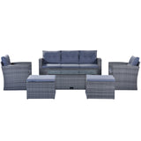 Wicker PE rattan Patio Outdoor Dining Conversation Sectional Set with coffee table, wicker sofas, ottomans,  removable cushions (Dark grey wicker, Light grey cushion)