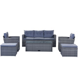Wicker PE rattan Patio Outdoor Dining Conversation Sectional Set with coffee table, wicker sofas, ottomans,  removable cushions (Dark grey wicker, Light grey cushion)