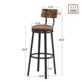 Swivel Bar Stool, High Bar Stool With Backrest, PU Soft Seat Cushion, Industrial, Thickened Iron Frame, Footrest.（Rustic Brown，13.4’’w x 40.5’’h）