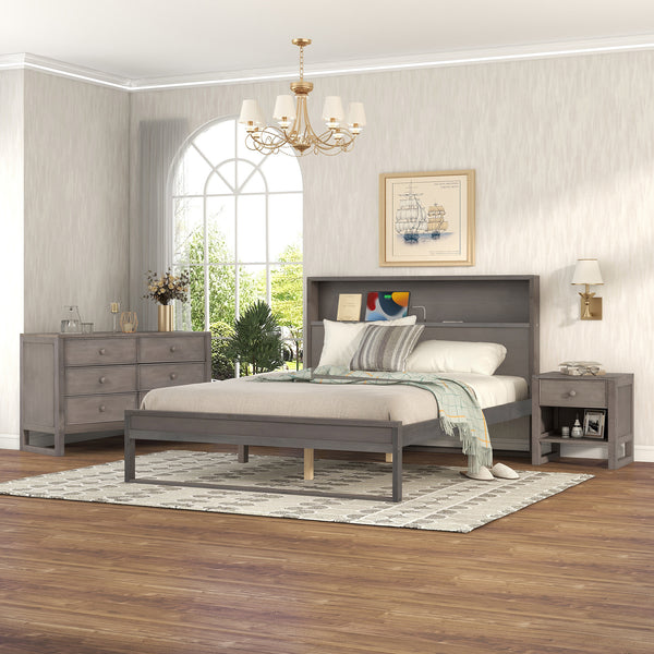 Queen 3-Piece Bedroom Set Platform Bed with Nightstand and Dresser