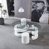 3 Pieces Coffee Table Set. Thick Tempered Glass Table and 2 Leather Stools