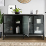 Accent 4 Glass Doors Buffet Storage Cabinet with Adjustable Shelves and Feet Cold-Rolled Steel Tempered Glass Sideboard  for Living Room Kitchen Room Black Color