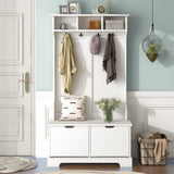 All in One Hall Tree with 3 Top Shelves and 2 Flip Shoe Storage Drawers, Wood Hallway Organizer with Storage Bench and Metal Hanging Hooks, White