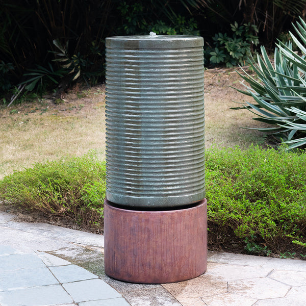 44" Tall Large Modern Cylinder Ribbed Tower Water Fountain With Rustic Basetain