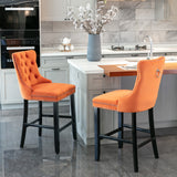 A&A Furniture,Contemporary Velvet Upholstered Barstools with Button Tufted Decoration and Wooden Legs, and Chrome Nailhead Trim, Leisure Style Bar Chairs,Bar stools, Set of 2 (Orange)