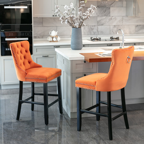 A&A Furniture,Contemporary Velvet Upholstered Barstools with Button Tufted Decoration and Wooden Legs, and Chrome Nailhead Trim, Leisure Style Bar Chairs,Bar stools, Set of 2 (Orange)
