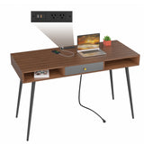Mid Century Desk with USB Ports and Power Outlet, Modern Writing Study Desk with Drawers, Multifunctional Home Office Computer Desk Walnut