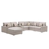 Beige Linen Fabric 7Pc Reversible Chaise Sectional Sofa with a USB, Charging Ports, Cupholders, Storage Console Table and Pillows and Interchangeable Legs