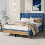 Upholstered Platform Bed with Rubber Wood Legs,No Box Spring Needed, Linen Fabric,Full Size-Blue
