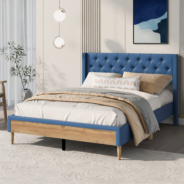 Upholstered Platform Bed with Rubber Wood Legs,No Box Spring Needed, Linen Fabric,Full Size-Blue