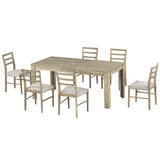 7-Piece Wooden Dining Table Set - Extendable Table with 12” Leaf and 2 Drawers, 6 Dining Chairs with Soft Cushion