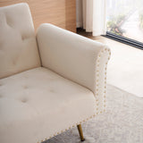 Beige velvet nail head sofa bed with throw pillow and midfoot