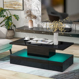 ON-TREND Modern Glossy Coffee Table With Drawer, 2-Tier Rectangle Center Table with Plug-in 16 colors LED lighting for Living room, 39.3”x19.6”x15.3”, Black