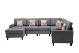 Gray Linen Fabric 7Pc Reversible Chaise Sectional Sofa with a USB, Charging Ports, Cupholders, Storage Console Table and Pillows and Interchangeable Legs
