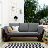 Outdoor Adjustable Patio Wooden Daybed Sofa Chaise Lounge with Cushions for Small Places, Brown Finish+Gray Cushion