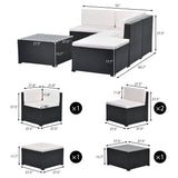 5-Piece Patio Rattan PE Wicker Furniture Corner Sofa Set, with 2 Sofa chairs, 1 Corner chair, 1 ottoman and 1 glass coffee table, Sectional Sofa Chair, Seating, Lying(Black Wicker, Beige Cushion)