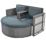 2-Piece All-Weather Wicker Conversation Set Rattan Sofa Set Outdoor Patio Half-moon Sectional Furniture Set w/ Side Table for Umbrella, Gray Rattan+Gray Cushion