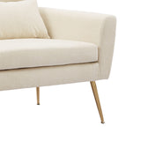 Beige Loveseat Small Sofa, With 2 Throw Pillows, Gold Metal Legs