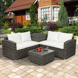 4 PCS Outdoor Cushioned PE Rattan Wicker Sectional Sofa Set Garden Patio Furniture Set Beige
