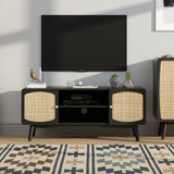 Black TV Console with Rattan Door, Boho TV Stand for Bedroom, Living Room