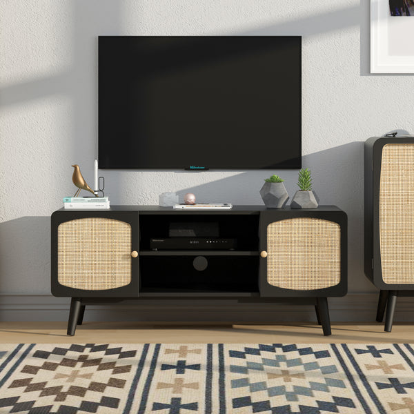 Black TV Console with Rattan Door, Boho TV Stand for Bedroom, Living Room