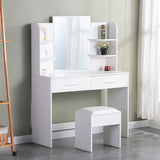 Large Vanity Desk with Mirror and Lights, Makeup Vanity Table with 10 Light Bulbs, 2 Drawers, 6 Storage Shelves & Cushioned Stool, Makeup Vanity with Lights for Bedroom, White