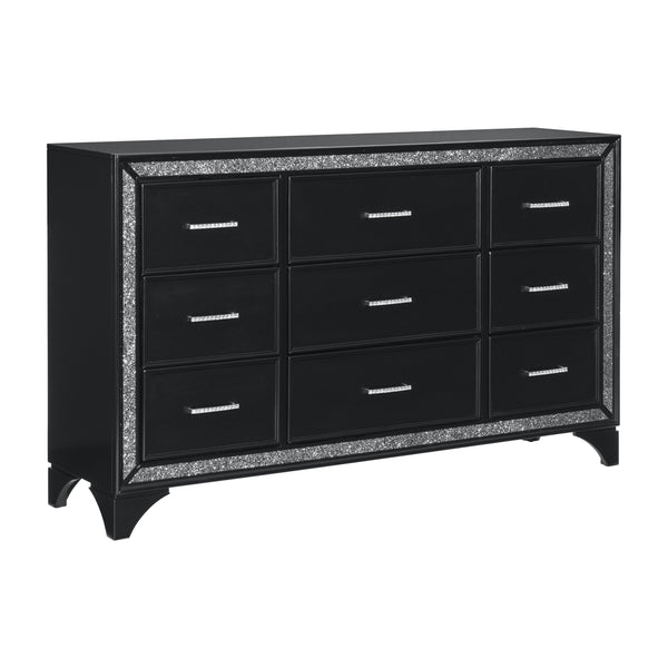 Pearl Black Metallic Finish Dresser 9 Drawers Silver Glitter Trim